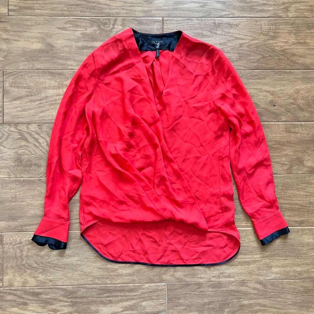 Rag & Bone Victor Surplice High-Low Silk Blouse Size XS Red/Black Long Sleeve